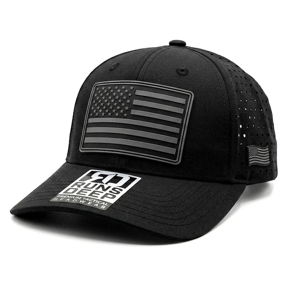 Runs Deep Premium Tactical American Flag Black Moisture Perforated Mesh Snapback